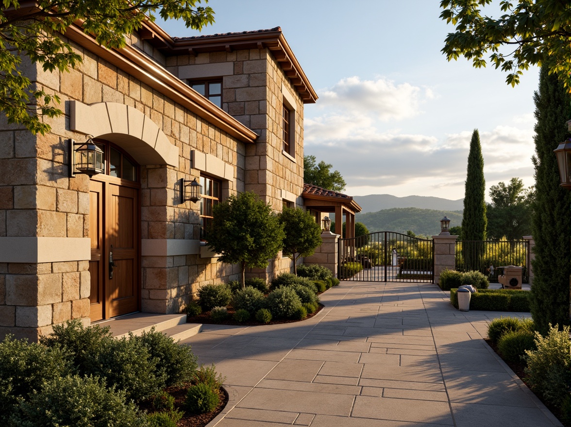 Prompt: Rustic winery facade, stone walls, wooden accents, ornate metalwork, grand entrance gates, vineyard views, rolling hills, Tuscan countryside, warm golden lighting, soft focus, shallow depth of field, 1/2 composition, symmetrical architecture, classic Renaissance style, arched windows, decorative cornices, rustic stonework, earthy tones, natural textures, ambient occlusion.