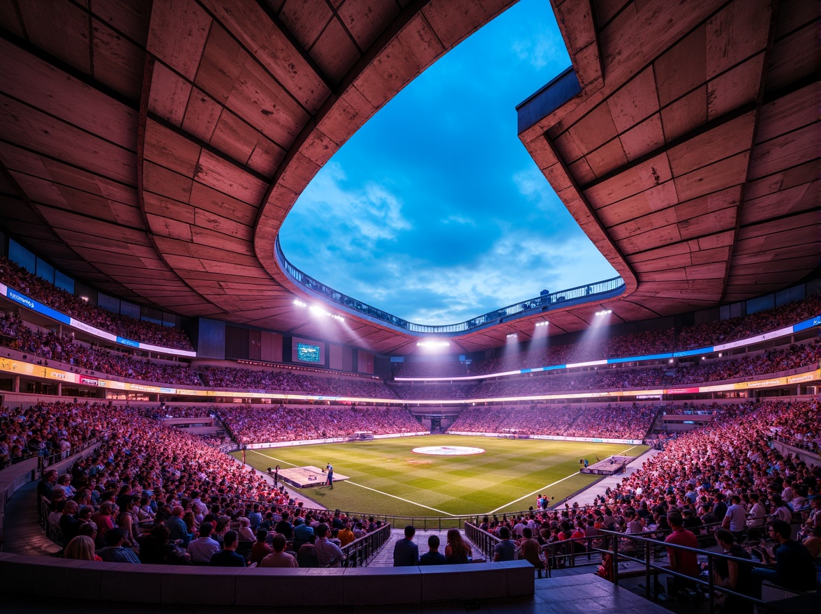 Prompt: Vibrant stadium, expressionist architecture, bold concrete structures, rough stone walls, rusty metal beams, distressed wood accents, dynamic curved lines, abstract geometric patterns, bright neon lights, electric atmosphere, intense shadows, high-contrast colors, dramatic spotlights, cinematic composition, 1/2 camera angle, shallow depth of field, realistic textures, ambient occlusion.