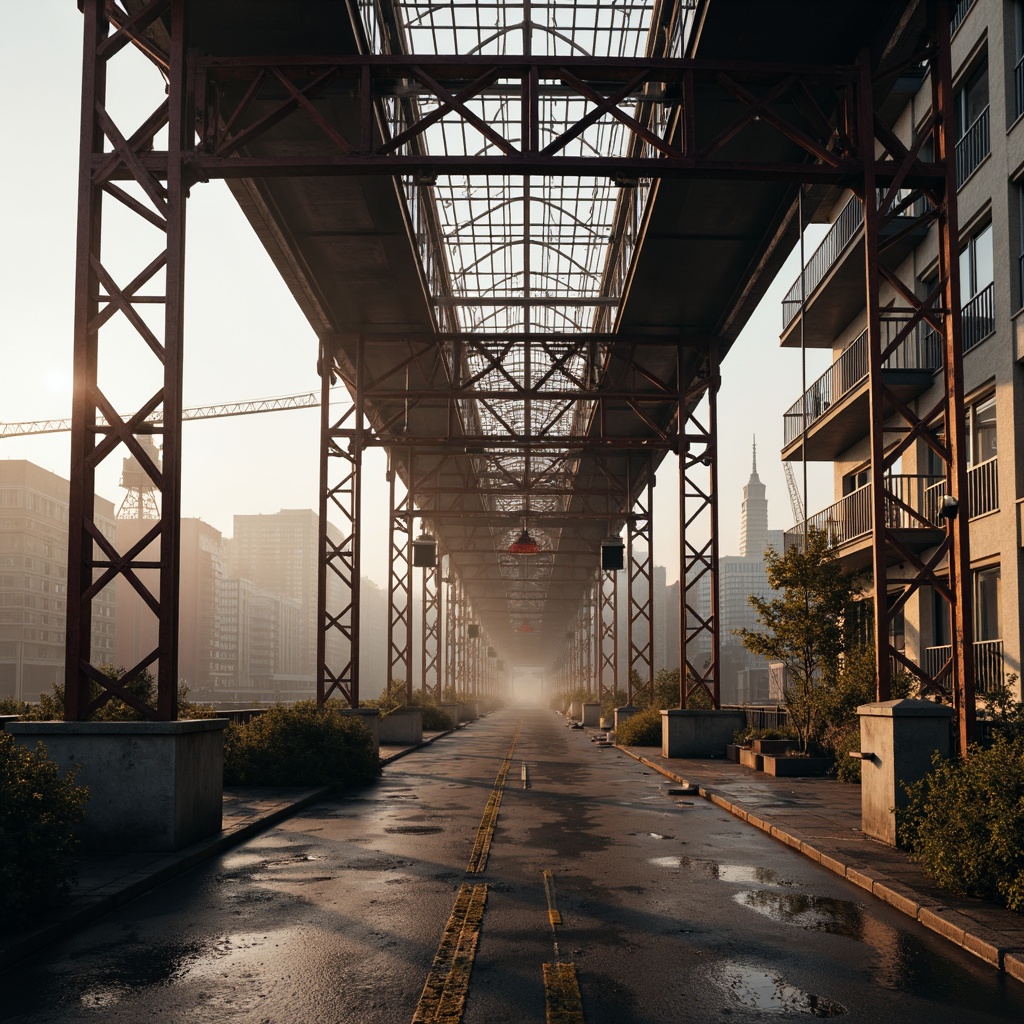 Prompt: Rustic steel bridges, industrial architecture, exposed beams, reinforced concrete pillars, suspension cables, metallic latticework, urban cityscape, misty morning atmosphere, soft warm lighting, shallow depth of field, 3/4 composition, panoramic view, realistic textures, ambient occlusion, intricate structural details, geometric patterns, modern engineering marvels, safety inspection equipment, construction cranes, warning signs, safety nets.