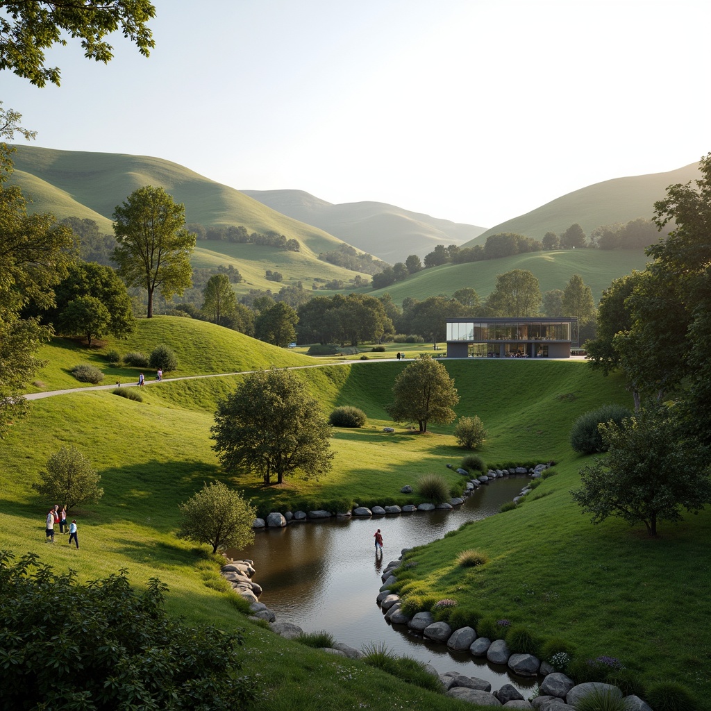 Prompt: Harmonious landscape integration, rolling hills, lush greenery, serene water features, walking trails, natural stone pathways, modern architecture, sleek glass buildings, minimalist design, seamless transitions, blurred boundaries, soft warm lighting, shallow depth of field, 3/4 composition, panoramic view, realistic textures, ambient occlusion.