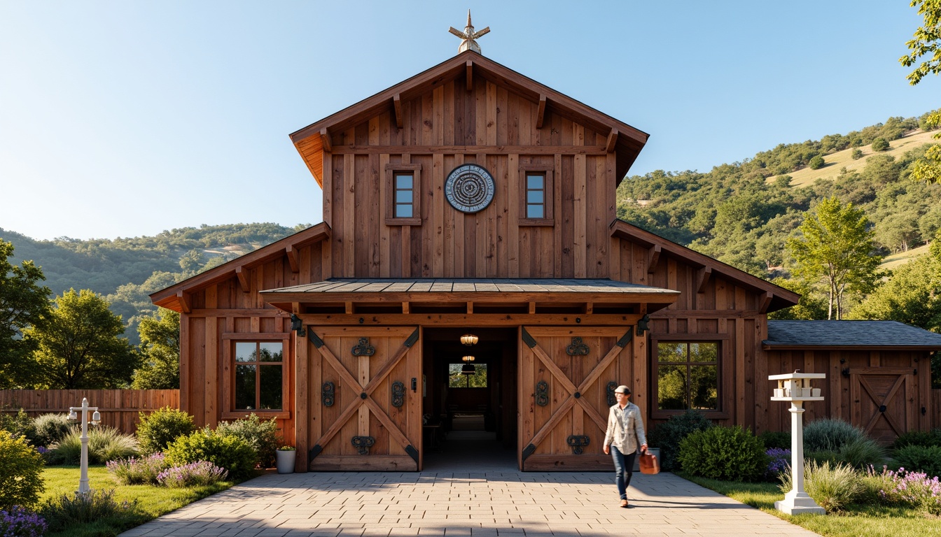 Prompt: Rustic barn facade, Art Deco ornate details, distressed wood textures, vintage metal accents, geometric patterns, bold color schemes, symmetrical composition, ornate entrance doors, decorative roof finials, classic lanterns, rural landscape, rolling hills, sunny afternoon, warm soft lighting, shallow depth of field, 1/2 composition, realistic weathering effects, ambient occlusion.