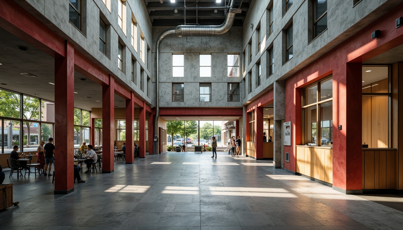 Prompt: Rough-hewn concrete walls, exposed ductwork, industrial metal beams, polished wooden accents, bold color blocking, natural stone flooring, brutalist architecture, middle school setting, educational murals, urban landscape views, overcast skies, dramatic shadows, high-contrast lighting, 1/1 composition, symmetrical framing, gritty textures, ambient occlusion.