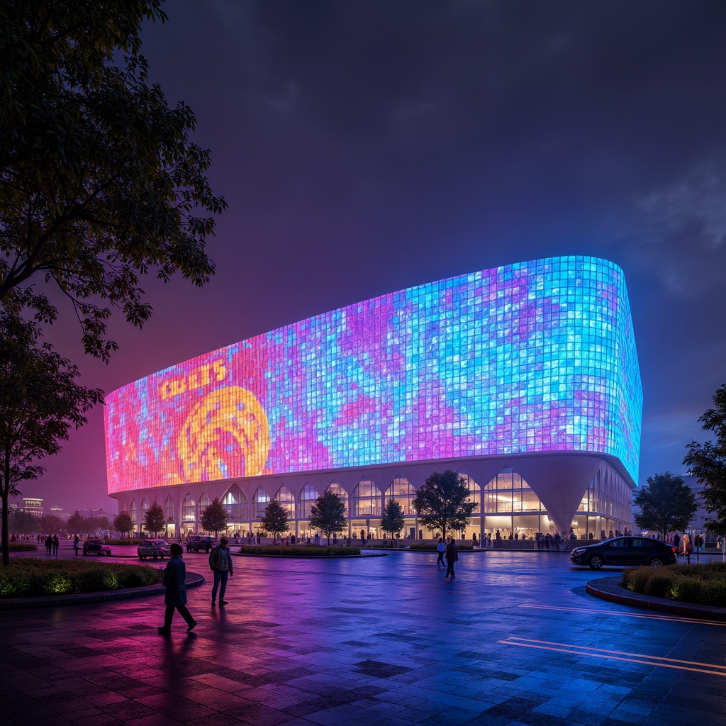 Prompt: Vibrant stadium facade, dynamic curves, bold angular lines, futuristic expressionist architecture, neon-lit LED lights, iridescent colors, abstract geometric patterns, undulating waves, sweeping arches, cantilevered structures, dramatic shadows, high-contrast lighting, atmospheric mist, 1/2 composition, low-angle shot, cinematic mood, detailed textures, ambient occlusion.