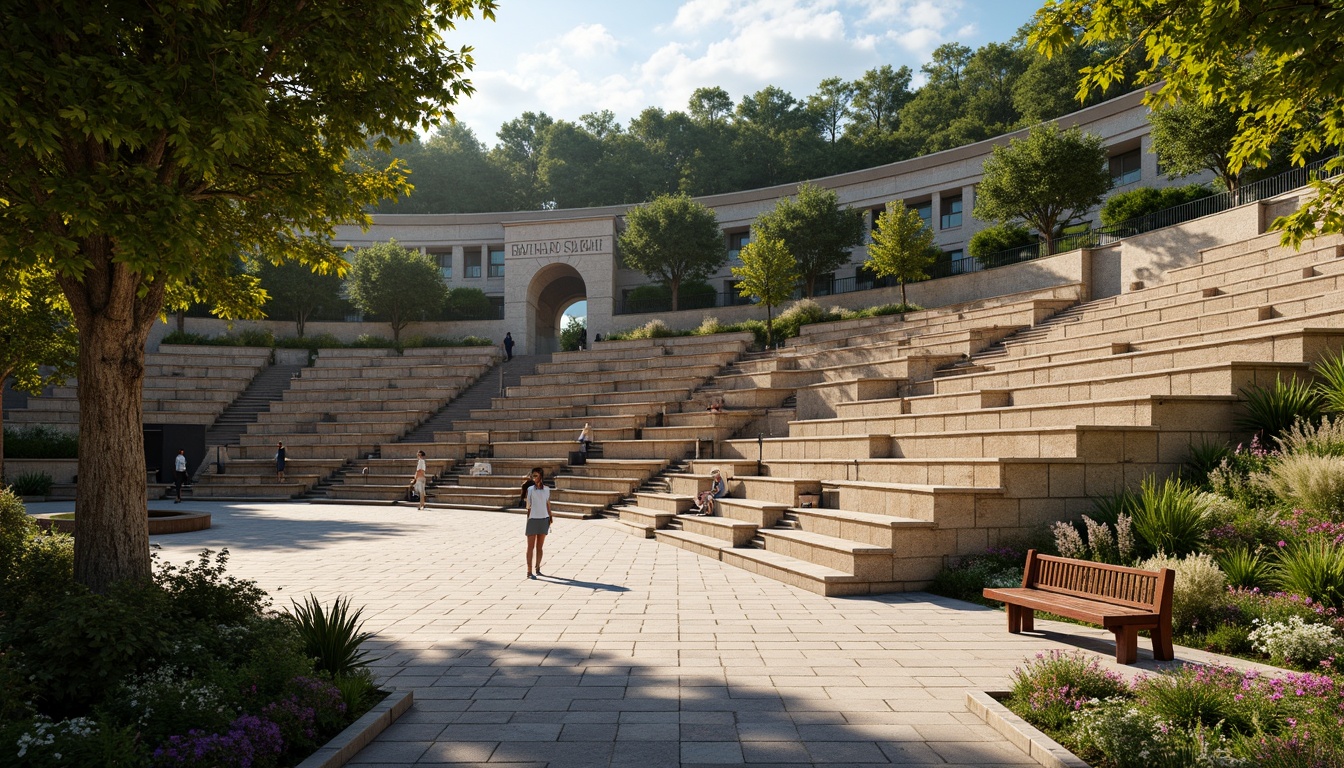 Prompt: Grand amphitheater, tiered seating, natural stone walls, lush greenery, vibrant flowers, wooden benches, educational signs, curved architecture, grand staircase, ornate railings, warm lighting, shallow depth of field, 3/4 composition, panoramic view, realistic textures, ambient occlusion.