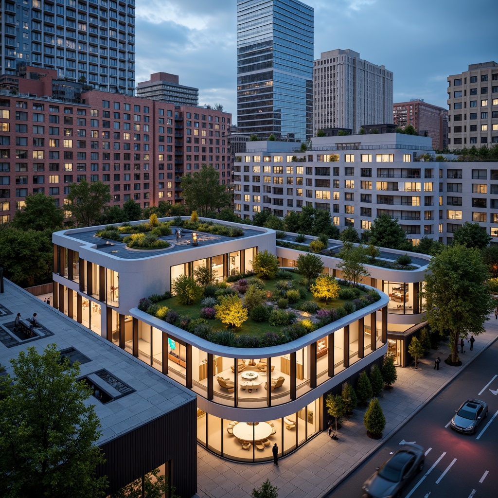 Prompt: Sleek modern residences, curved building facades, large windows, sliding glass doors, rooftop gardens, green roofs, urban parks, pedestrian walkways, bike lanes, street art, vibrant city lights, warm evening ambiance, shallow depth of field, 1/1 composition, realistic textures, ambient occlusion.