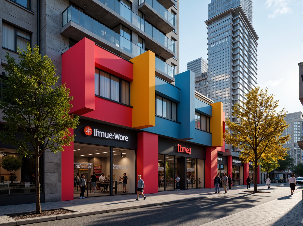 Prompt: Vibrant fitness club facade, bold color blocking, irregular shapes, fragmented forms, playful typography, neon lights, metallic accents, glass brick walls, cantilevered structures, asymmetrical composition, dynamic curves, urban cityscape, bustling streets, morning sunlight, shallow depth of field, 1/1 composition, realistic textures, ambient occlusion.