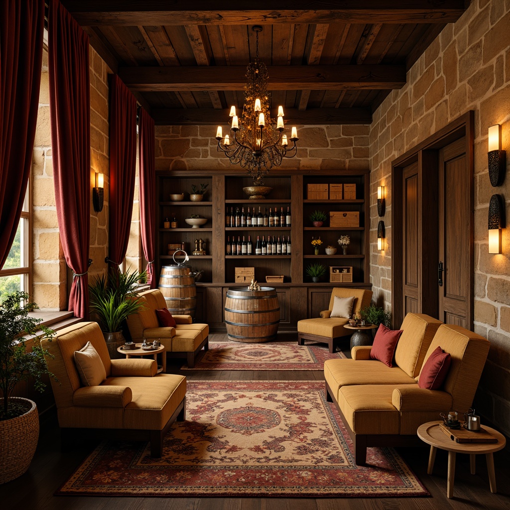 Prompt: Rustic winery interior, earthy tone fabrics, natural fiber upholstery, woven baskets, wooden accents, stone walls, dim warm lighting, cozy atmosphere, plush area rugs, rich velvet drapes, metallic wine barrels, wooden wine crates, vintage wine-making equipment, distressed wood shelving, soft golden lighting, shallow depth of field, 1/1 composition, realistic textures, ambient occlusion.