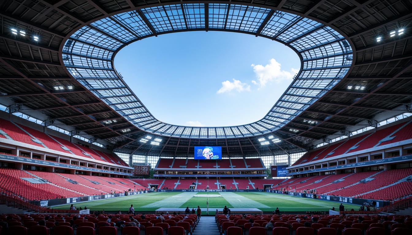 Prompt: Vibrant stadium architecture, sleek modern design, aerodynamic curves, metallic silver fa\u00e7ade, glass roofs, LED lighting systems, dynamic color scheme, bold red accents, deep blue tones, bright white highlights, polished chrome details, futuristic ambiance, high-tech infrastructure, state-of-the-art facilities, panoramic views, shallow depth of field, 3/4 composition, realistic textures, ambient occlusion.