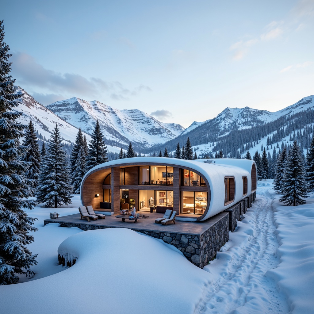 Prompt: Snow-capped mountains, frosty pine trees, icy slopes, ski lifts, curvaceous roofs, undulating walls, sinuous lines, dynamic shapes, modern ski center architecture, wooden accents, stone foundations, large windows, sliding glass doors, warm cozy interiors, rustic decor, crackling fireplaces, soft warm lighting, shallow depth of field, 1/1 composition, panoramic view, realistic textures, ambient occlusion.