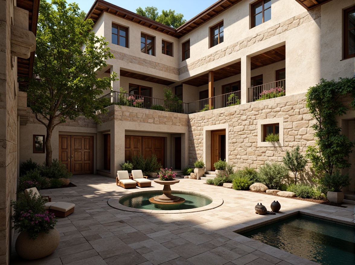 Prompt: Serene monastery courtyard, rustic stone walls, ornate wooden doors, tranquil water features, lush greenery, vibrant flowers, peaceful statues, intricate stonework, regional architectural elements, curved lines, earthy color palette, natural light filtering, warm ambient lighting, shallow depth of field, 3/4 composition, panoramic view, realistic textures, ambient occlusion.