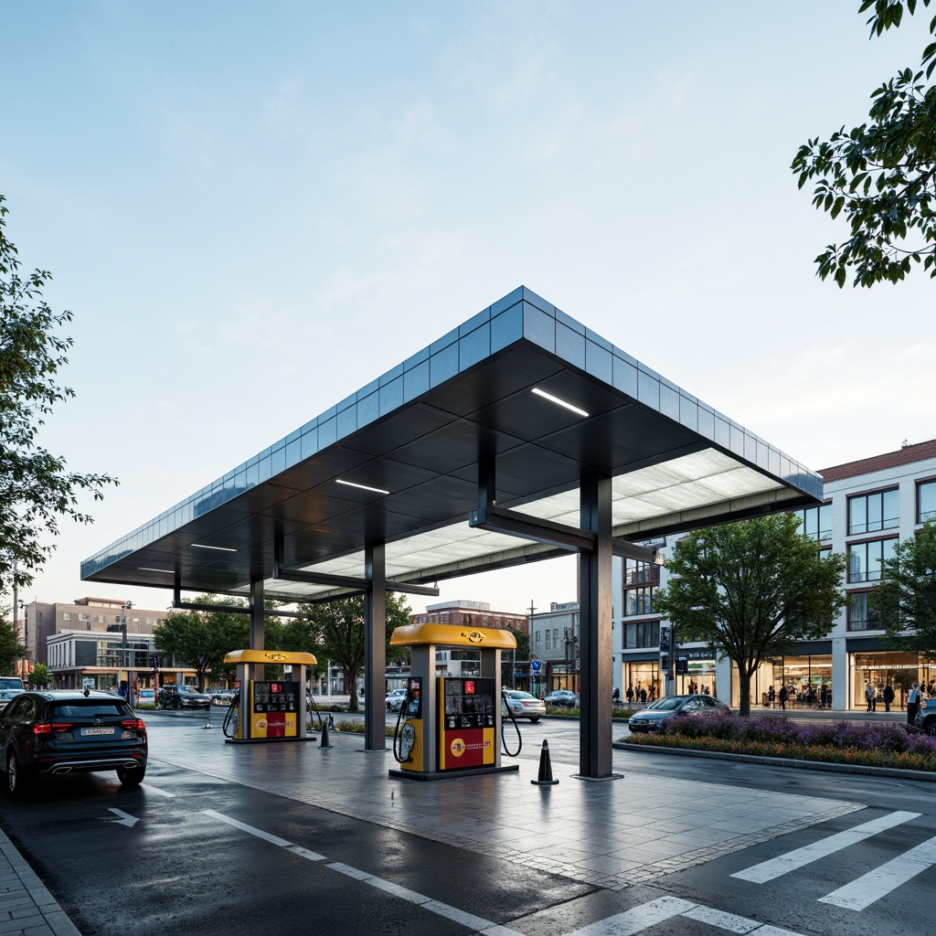 Prompt: Modern gas station, sleek canopy structure, minimalist design, angular lines, stainless steel beams, translucent roofing, natural ventilation, LED lighting, futuristic fuel pumps, digital signage, urban landscape, busy streets, morning sunlight, shallow depth of field, 1/1 composition, realistic textures, ambient occlusion.