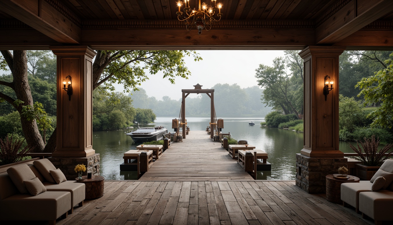 Prompt: Weathered wooden docks, rustic boat lifts, vintage nautical equipment, distressed brick walls, classic columns, ornate wooden trim, soft warm lighting, misty morning atmosphere, serene lake views, lush greenery, natural stone foundations, copper accents, worn wooden floors, plush furnishings, cozy reading nooks, rich wood tones, elegant chandeliers, subtle texture overlays, shallow depth of field, 1/2 composition, cinematic framing.