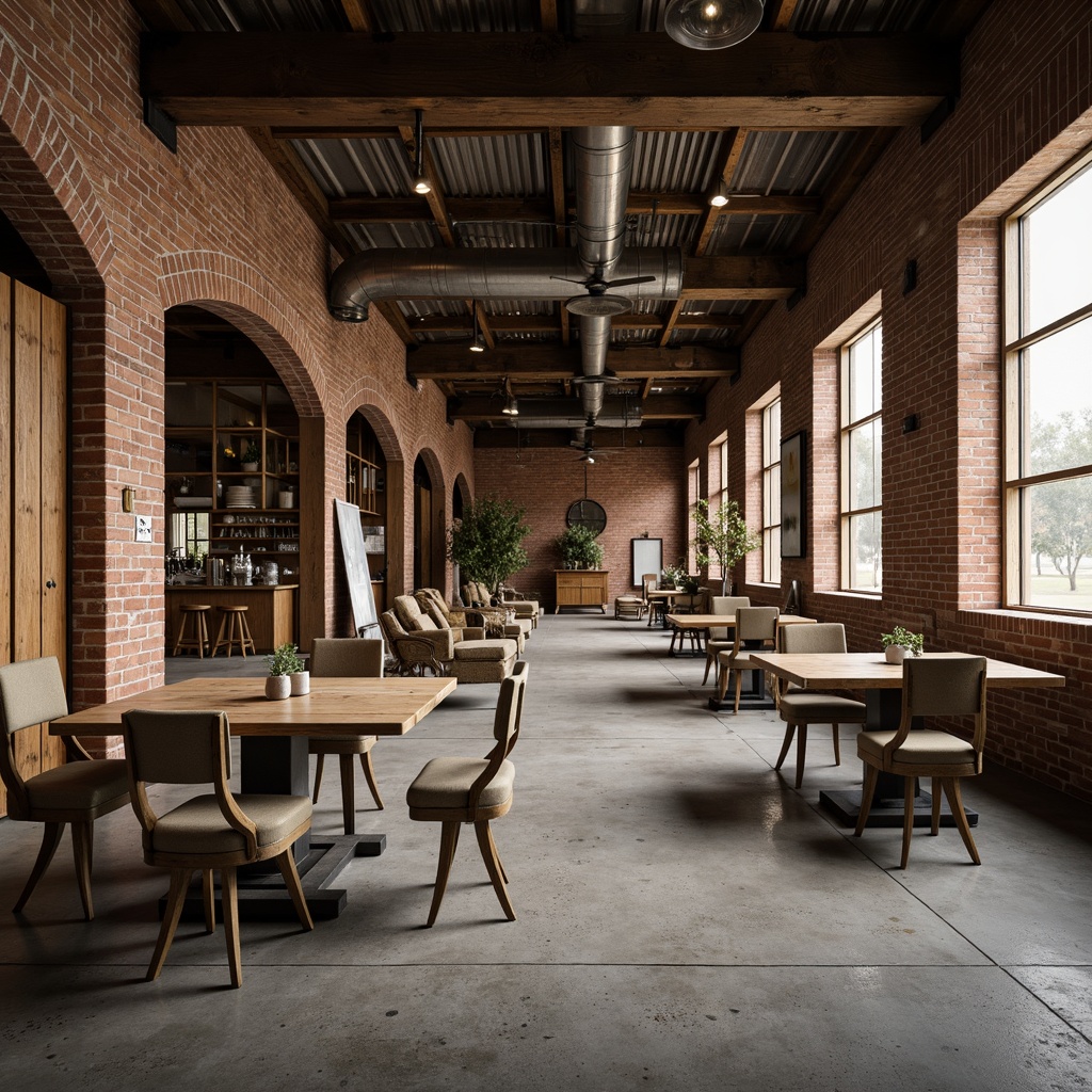 Prompt: Rustic industrial landscape, abandoned factories, worn brick walls, distressed metal roofs, reclaimed wood accents, earthy tones, natural textures, regional materials, local craftsmanship, exposed ductwork, concrete floors, steel beams, functional minimalism, industrial chic aesthetic, warm soft lighting, shallow depth of field, 1/1 composition, realistic renderings, ambient occlusion.