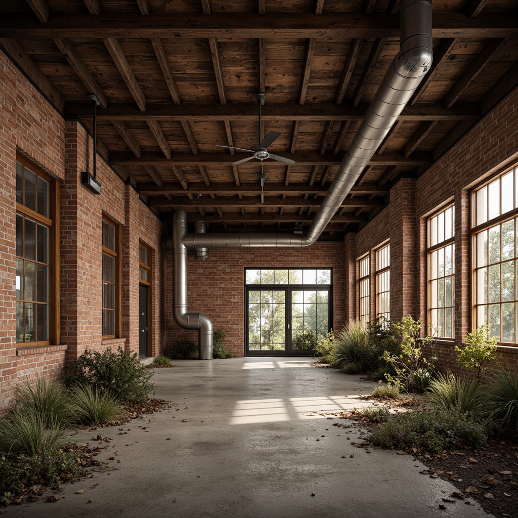 Prompt: Rustic industrial landscape, abandoned factories, worn brick walls, distressed metal roofs, reclaimed wood accents, earthy tones, natural textures, regional materials, local craftsmanship, exposed ductwork, concrete floors, steel beams, functional minimalism, industrial chic aesthetic, warm soft lighting, shallow depth of field, 1/1 composition, realistic renderings, ambient occlusion.