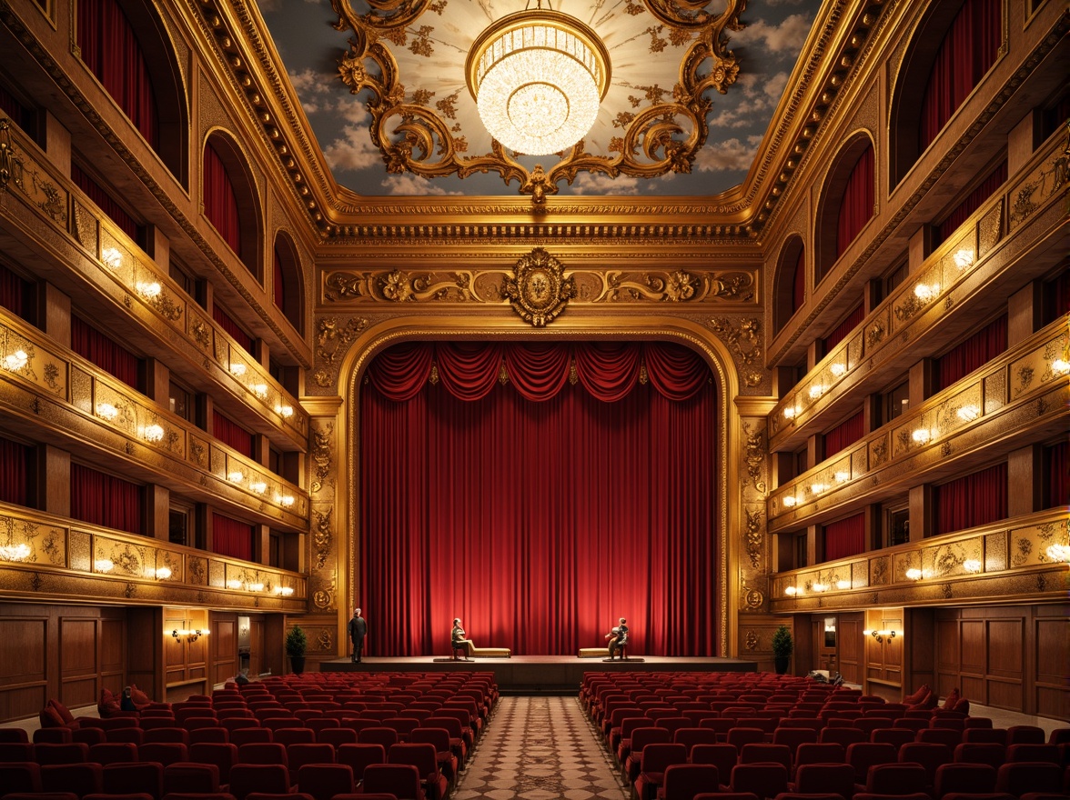 Prompt: Luxurious opera house interior, rich velvet curtains, ornate golden balconies, polished marble floors, intricate fresco ceilings, grand crystal chandeliers, plush red seats, carved wooden paneling, gilded moldings, soft warm lighting, shallow depth of field, 3/4 composition, panoramic view, realistic textures, ambient occlusion.