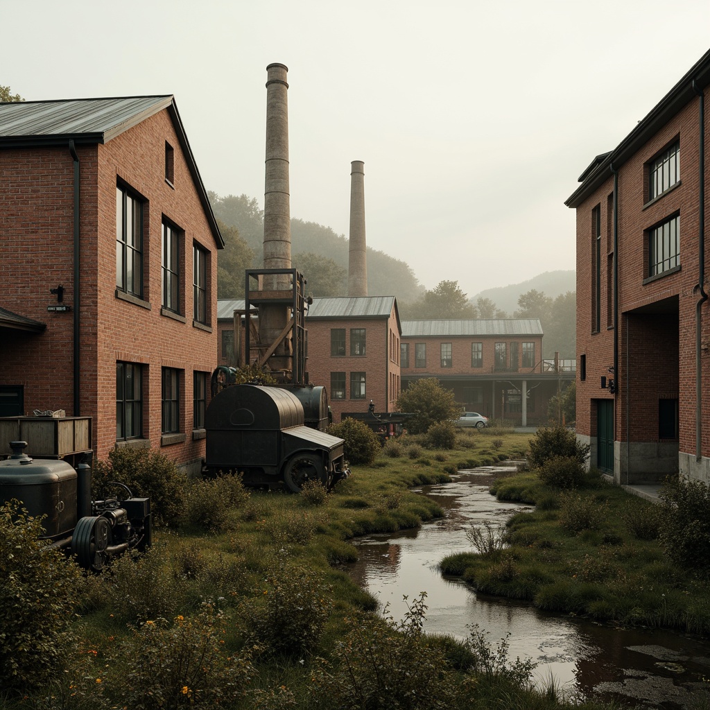 Prompt: Industrial factory complex, rustic brick buildings, corrugated metal roofs, worn concrete walls, vintage machinery, abandoned chimneys, overgrown vegetation, wildflowers, meandering streams, misty atmosphere, soft warm lighting, shallow depth of field, 3/4 composition, panoramic view, realistic textures, ambient occlusion, regionalist architectural style, functional simplicity, earthy color palette, distressed finishes, reclaimed wood accents, metal cladding, industrial heritage, nostalgic ambiance.