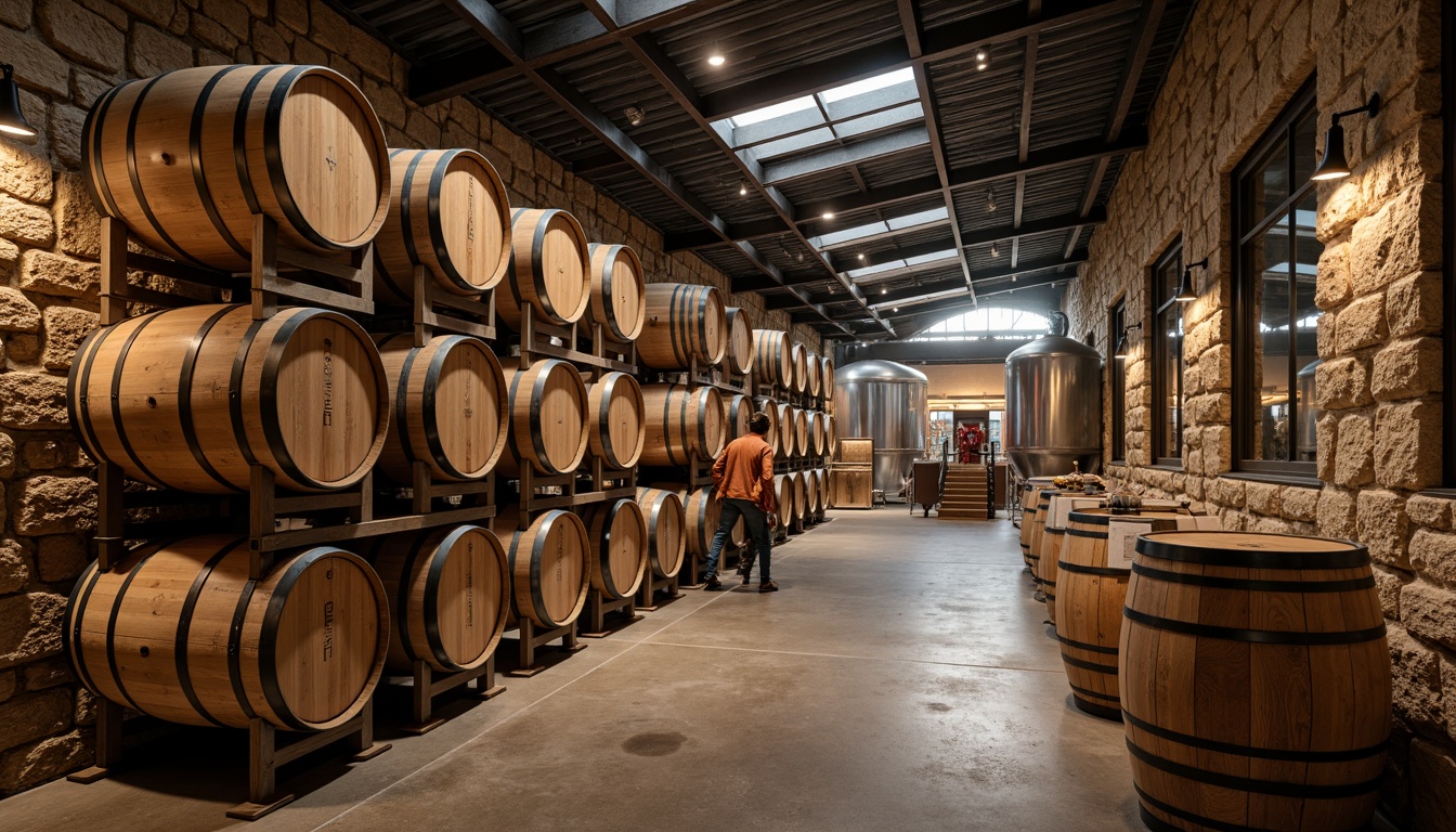 Prompt: Rustic winery, wooden barrels, stone walls, earthy tones, natural lighting, reclaimed wood accents, metal fermentation tanks, glass ceilings, modern industrial design, sleek steel beams, polished concrete floors, wine cellar ambiance, dim warm lighting, soft focus, shallow depth of field, 1/2 composition, realistic textures, ambient occlusion.