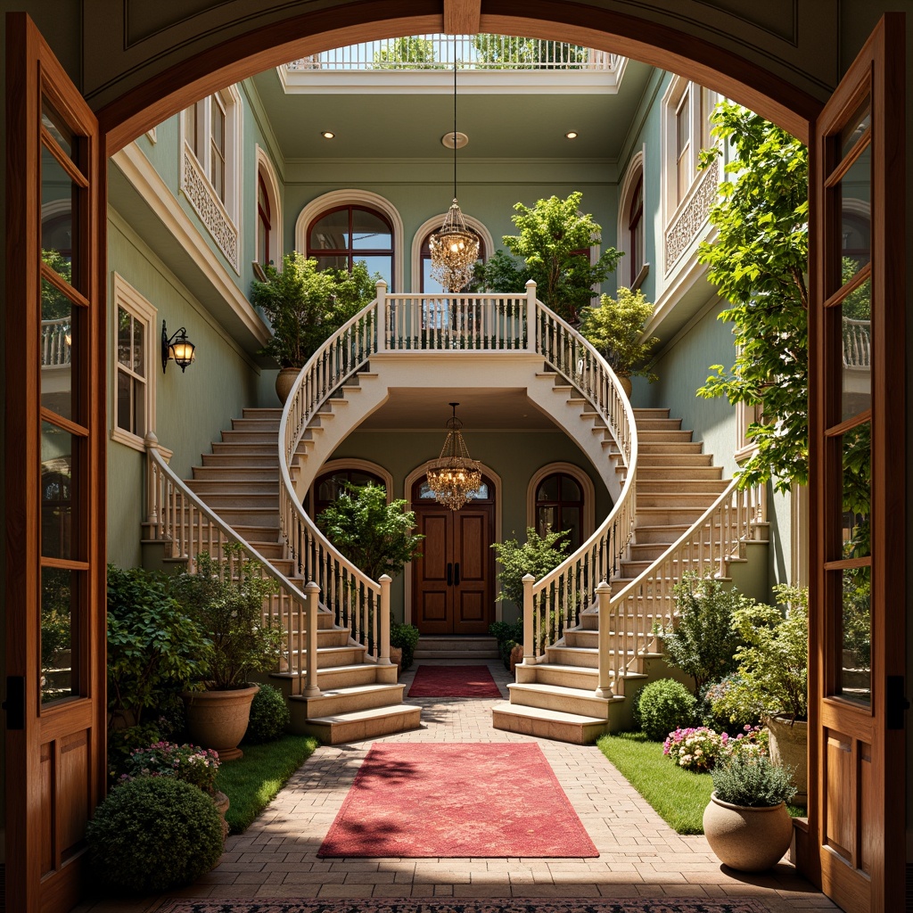 Prompt: Whimsical Victorian-era mansion, intricately carved wooden doors, ornate ironwork balconies, delicate filigree patterns, soft pastel color palette, lush greenery, blooming flowers, grand staircase, crystal chandeliers, velvet drapes, luxurious furnishings, rich textiles, warm golden lighting, shallow depth of field, 1/1 composition, intimate atmosphere, romantic ambiance.