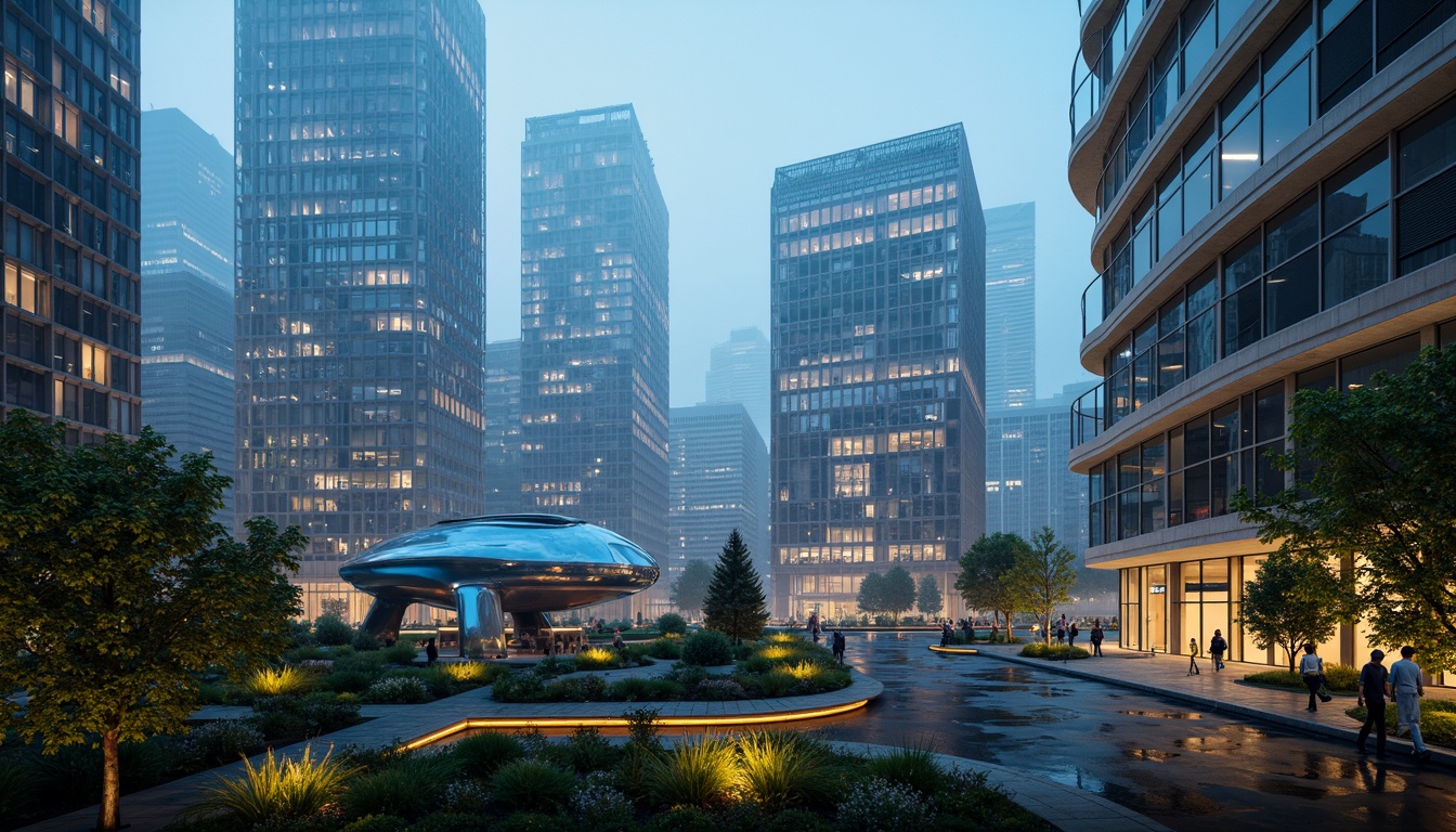 Prompt: Futuristic cityscape, neon-lit skyscrapers, holographic advertisements, levitating transportation pods, verdant green roofs, vertical farming systems, iridescent glass facades, parametric architecture, undulating curves, metallic surfaces, luminescent accents, misty atmospheric effects, shallow depth of field, 1/1 composition, cinematic lighting, realistic reflections, ambient occlusion, futuristic landscaping, glowing pathways, cyberpunk ambiance.