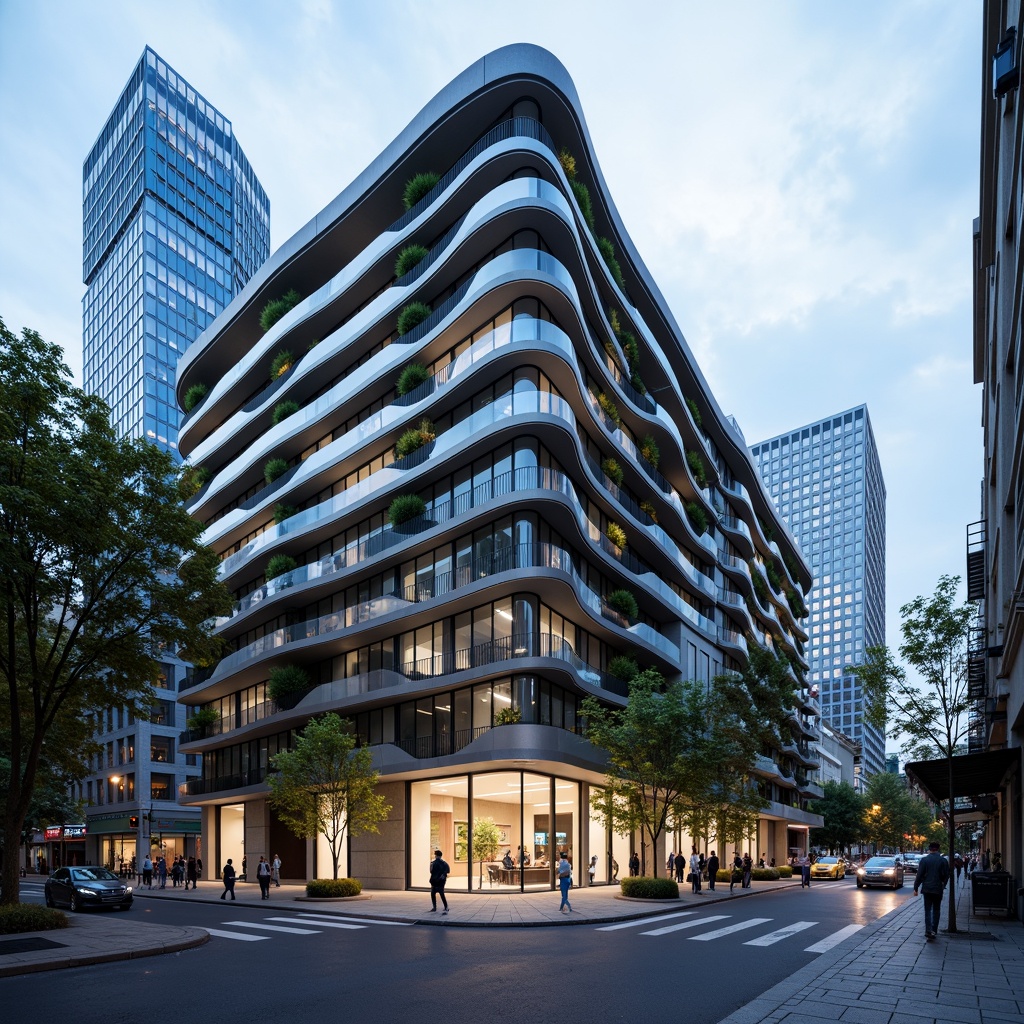 Prompt: Curved building facade, metallic materials, polished chrome accents, horizontal lines, rounded corners, minimalist ornamentation, large glass windows, sliding doors, cantilevered balconies, urban cityscape, busy streets, modern skyscrapers, cloudy blue sky, soft natural light, shallow depth of field, 2/3 composition, symmetrical framing, high-contrast lighting, detailed textures, ambient occlusion.