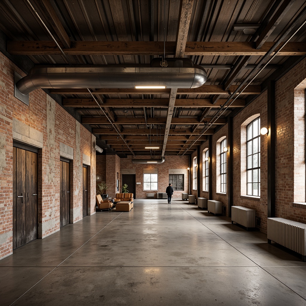 Prompt: Rustic industrial landscape, abandoned factories, worn brick walls, distressed metal roofs, reclaimed wood accents, earthy tones, natural textures, regional materials, local craftsmanship, exposed ductwork, concrete floors, steel beams, functional minimalism, industrial chic aesthetic, warm soft lighting, shallow depth of field, 1/1 composition, realistic renderings, ambient occlusion.