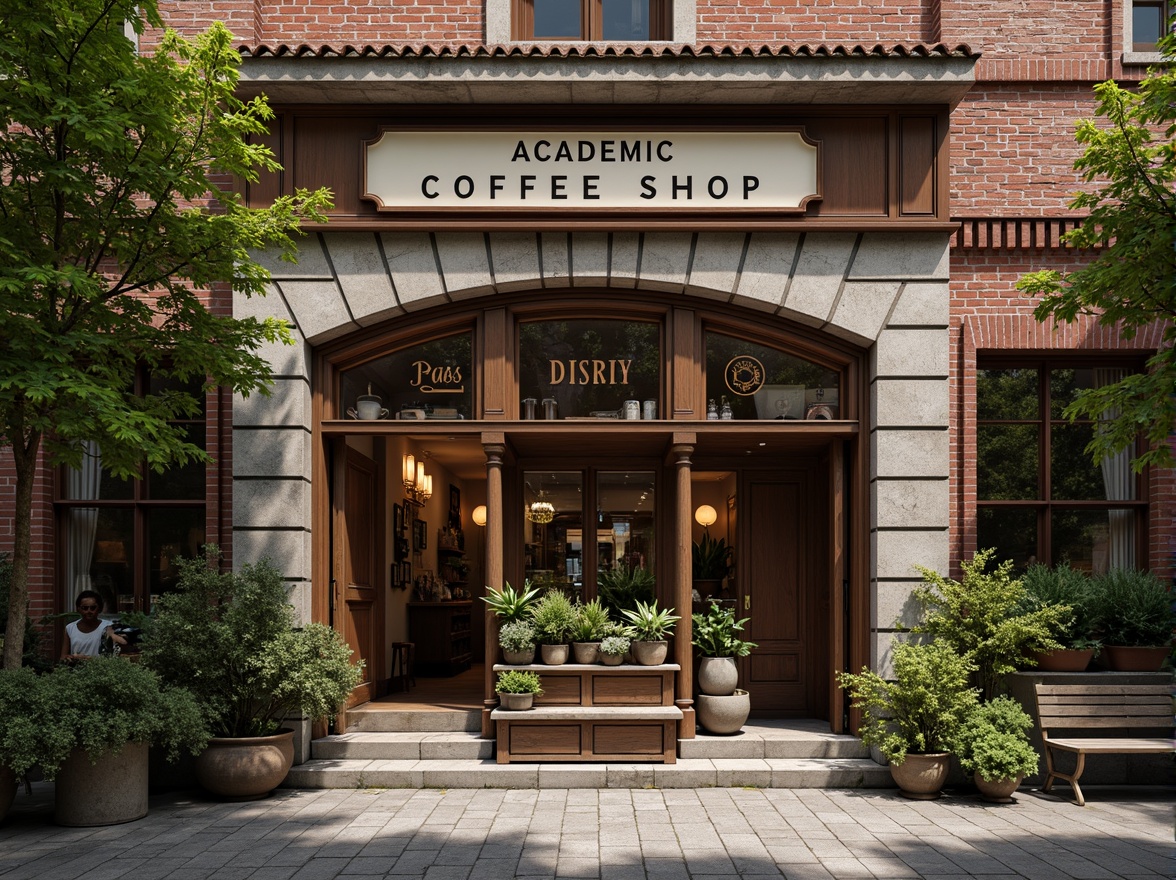 Prompt: Rustic coffee shop facade, academic architectural style, brick walls, stone columns, arched windows, wooden doors, vintage signage, ornate metalwork, lush greenery, potted plants, outdoor seating area, warm lighting, cozy atmosphere, natural textures, earthy color palette, traditional roof tiles, decorative trims, classic font styles, inviting entrance, comfortable ambiance, soft morning light, shallow depth of field, 1/2 composition.