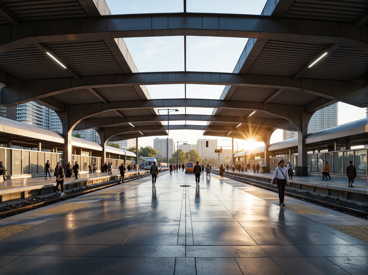 Prompt: Streamlined train station, modernist architecture, sleek metal beams, polished concrete floors, minimalist design, industrial chic aesthetic, exposed ductwork, silver aluminum accents, frosted glass partitions, LED lighting systems, dynamic curves, cantilevered canopies, urban cityscape, busy pedestrian traffic, rush hour atmosphere, warm golden lighting, shallow depth of field, 1/2 composition, symmetrical framing, realistic reflections, ambient occlusion.