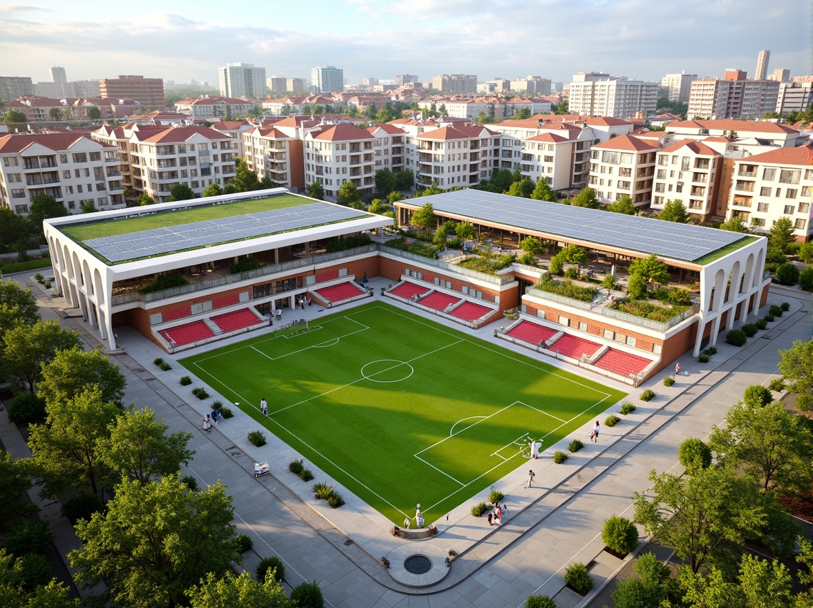 Prompt: Eco-friendly soccer stadium, social housing complex, green roofs, solar panels, wind turbines, rainwater harvesting systems, recycled building materials, natural ventilation systems, energy-efficient lighting, community gardens, public art installations, vibrant street art, urban agriculture, mixed-income residential units, accessible pedestrian paths, bike lanes, electric vehicle charging stations, modern minimalist architecture, cantilevered structures, angular lines, open-air corridors, communal outdoor spaces, shaded seating areas, warm color schemes, soft natural lighting, 1/1 composition, realistic textures, ambient occlusion.