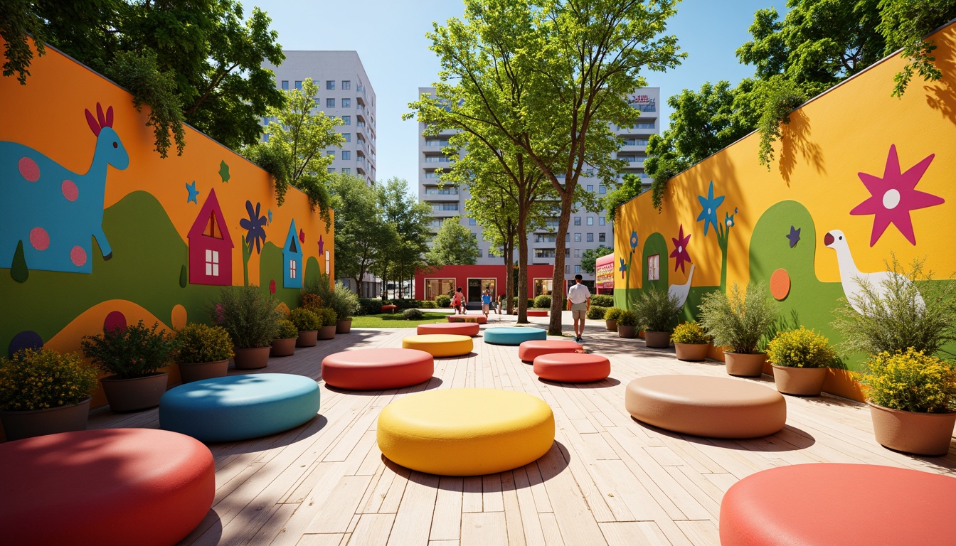 Prompt: Vibrant playground, bright color accents, whimsical murals, playful furniture, soft cushions, rounded shapes, natural wood textures, bold geometric patterns, sunny day, warm lighting, shallow depth of field, 1/1 composition, realistic renderings, ambient occlusion.