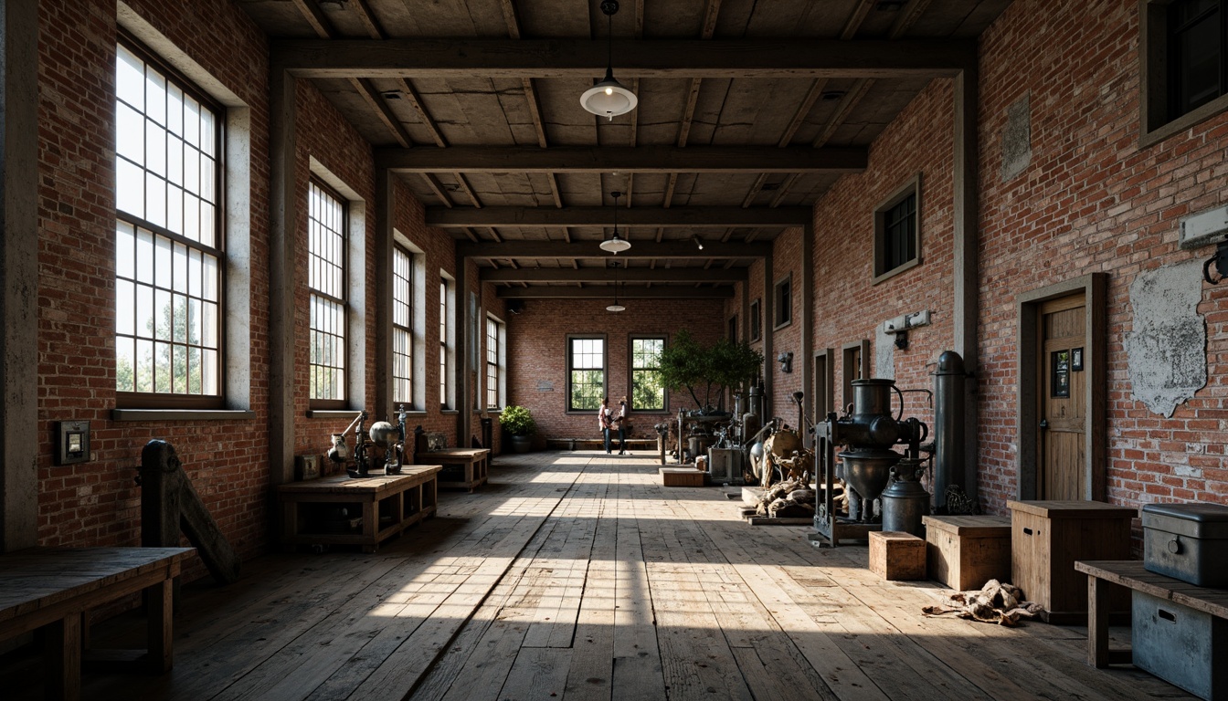 Prompt: Industrial factory setting, exposed brick walls, metal beams, worn wooden floors, vintage machinery, distressed textures, earthy tones, muted colors, rusty reds, weathered blues, faded yellows, industrial greys, urban atmosphere, gritty realism, high contrast lighting, dramatic shadows, cinematic composition, 1/2 camera angle, realistic renderings, ambient occlusion.