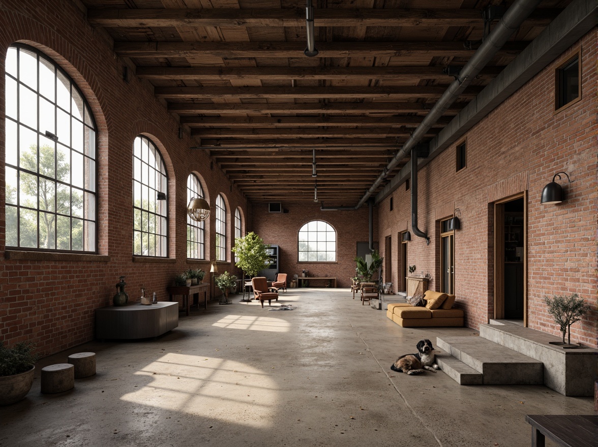 Prompt: Rustic industrial landscape, abandoned factories, worn brick walls, distressed metal roofs, reclaimed wood accents, earthy tones, natural textures, regional materials, local craftsmanship, exposed ductwork, concrete floors, steel beams, functional minimalism, industrial chic aesthetic, warm soft lighting, shallow depth of field, 1/1 composition, realistic renderings, ambient occlusion.