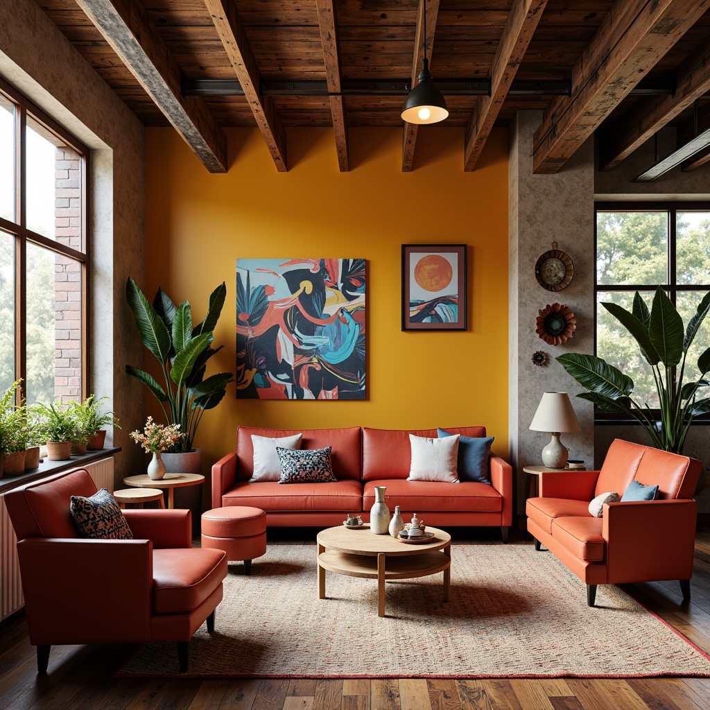 Prompt: Vibrant artistic studio, eclectic furniture, bold color blocking, contrasting textures, abstract artwork, statement lighting fixtures, industrial metal accents, reclaimed wood floors, bohemian-inspired rugs, natural fiber textiles, earthy tone ceramics, warm golden lighting, shallow depth of field, 1/1 composition, realistic renderings, ambient occlusion.