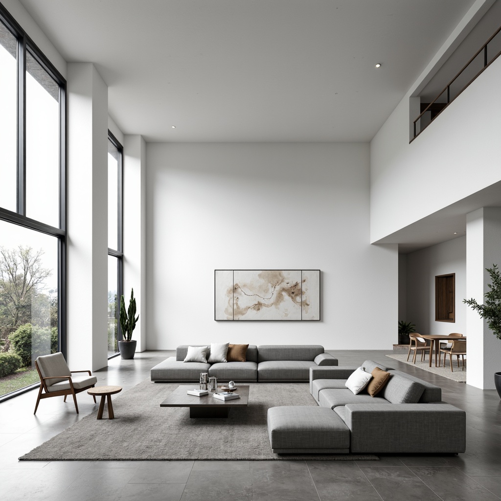 Prompt: Minimalist interior, clean lines, monochromatic color scheme, sleek furniture, low-profile sofas, geometric coffee tables, industrial metal chairs, polished concrete floors, large windows, abundant natural light, subtle textures, soft shadows, 1/1 composition, symmetrical framing, high-contrast lighting, abstract artwork, Scandinavian-inspired design.