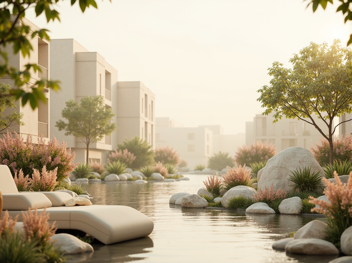 Prompt: Soft pastel hues, calming atmosphere, serene natural scenery, gentle water features, lush greenery, vibrant flowers, warm beige tones, creamy whites, soft peach accents, subtle texture overlays, organic shapes, minimalist composition, shallow depth of field, 1/1 aspect ratio, realistic renderings, ambient occlusion, warm golden lighting, soft focus effects.