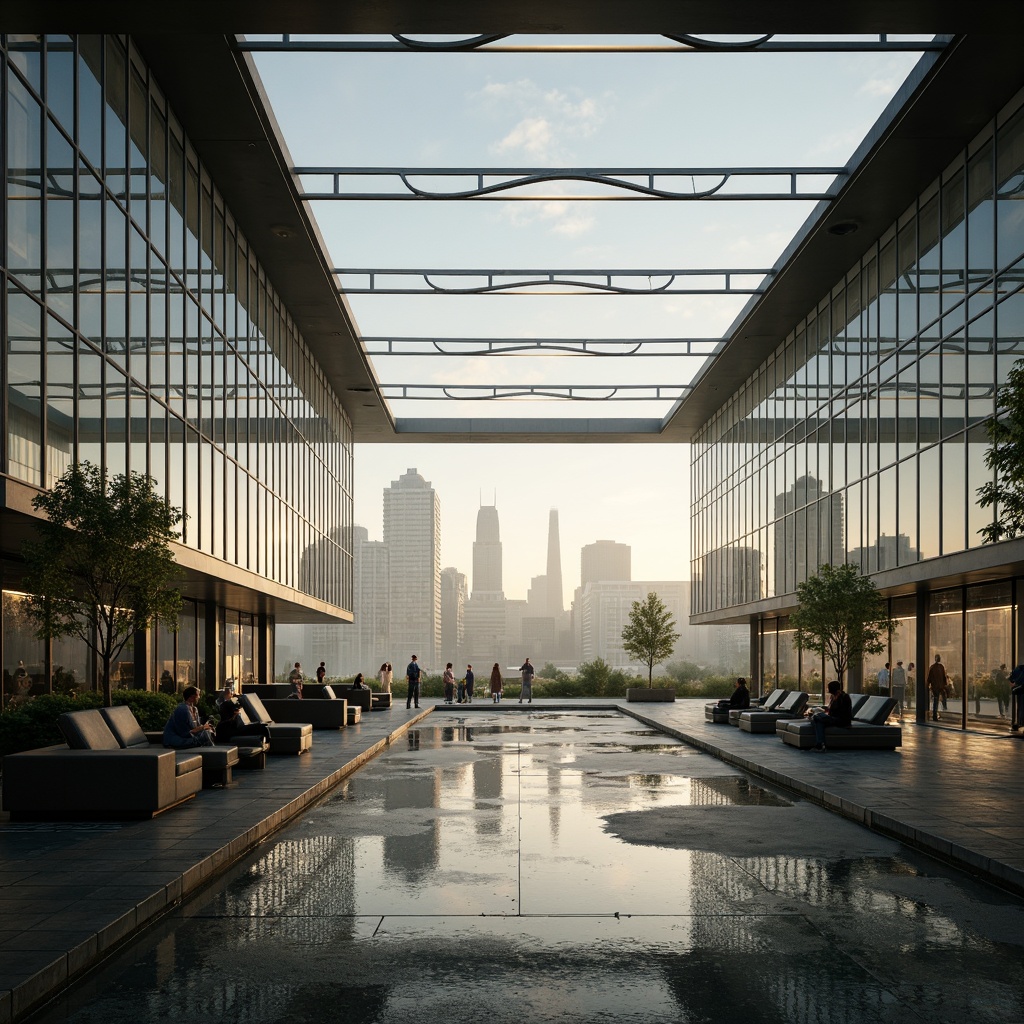 Prompt: Curved lines, minimalist design, open spaces, natural light, sleek metal framework, glass facades, cantilevered roofs, geometric shapes, futuristic ambiance, urban landscape, city skyline, morning mist, soft warm lighting, shallow depth of field, 3/4 composition, panoramic view, realistic textures, ambient occlusion.