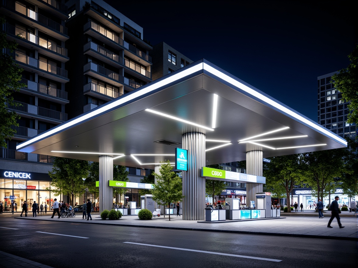 Prompt: Futuristic gas station, sleek metal facade, neon LED lights, angular lines, minimalist design, high-tech equipment, digital displays, touchless payment systems, modern fuel pumps, stainless steel canopies, cantilevered roofs, green walls, living trees, urban landscape, busy streets, vibrant city lights, shallow depth of field, 1/1 composition, realistic textures, ambient occlusion.