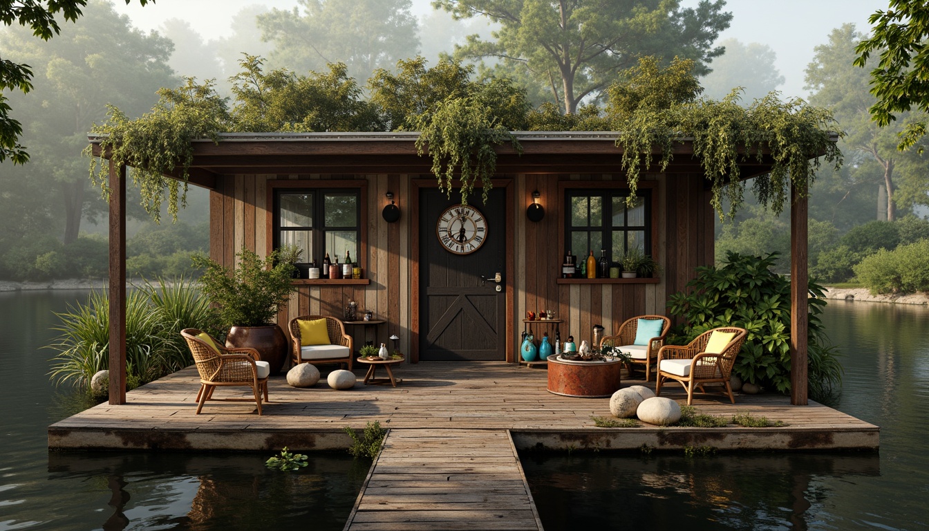 Prompt: Whimsical boathouse, eclectic facade, distressed wood textures, vintage nautical elements, rusty metal accents, colorful glass bottles, woven wicker furniture, lush greenery, overgrown vegetation, misty morning atmosphere, soft warm lighting, shallow depth of field, 1/1 composition, realistic water reflections, ambient occlusion.