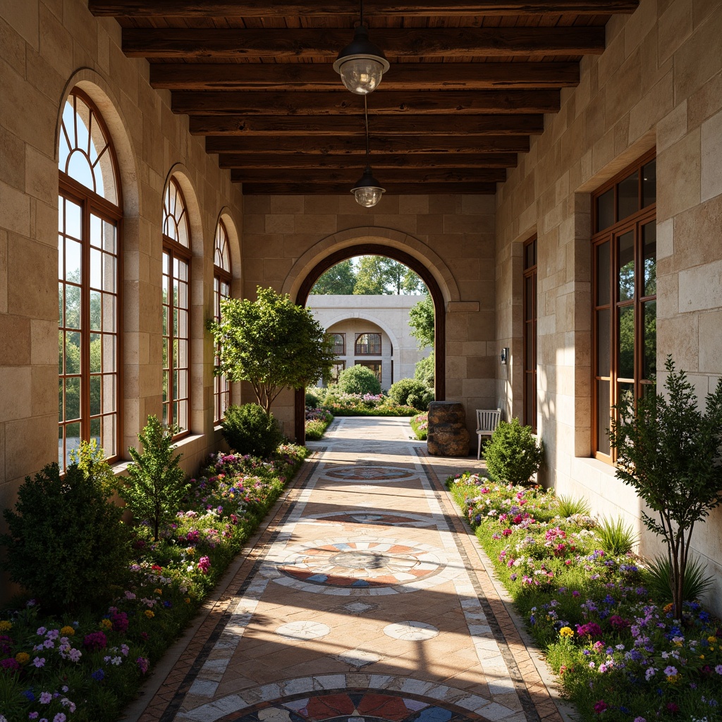 Prompt: Rustic stone walls, arched windows, ornate carvings, grand entrance halls, high ceilings, wooden beams, stained glass windows, vibrant colorful mosaics, intricate stone patterns, lush greenery, blooming flowers, sunny day, soft warm lighting, shallow depth of field, 3/4 composition, panoramic view, realistic textures, ambient occlusion.