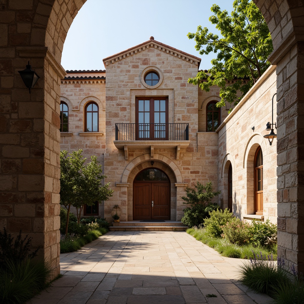 Prompt: Rustic monastery facade, stone walls, arched windows, ornate carvings, wooden doors, terracotta roof tiles, earthy color palette, natural stone textures, intricate stonework patterns, serene courtyard, lush greenery, peaceful ambiance, warm soft lighting, shallow depth of field, 1/2 composition, realistic render, ambient occlusion, subtle weathering effects.