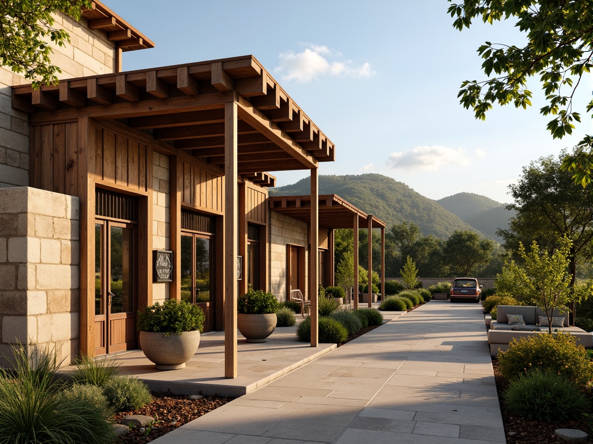 Prompt: Rustic winery facade, Mediterranean-inspired architecture, earthy tones, stone walls, wooden accents, curved lines, ornate metalwork, vine-covered trellises, lush greenery, rolling hills, sunny afternoon, warm golden lighting, shallow depth of field, 2/3 composition, symmetrical balance, realistic textures, ambient occlusion.