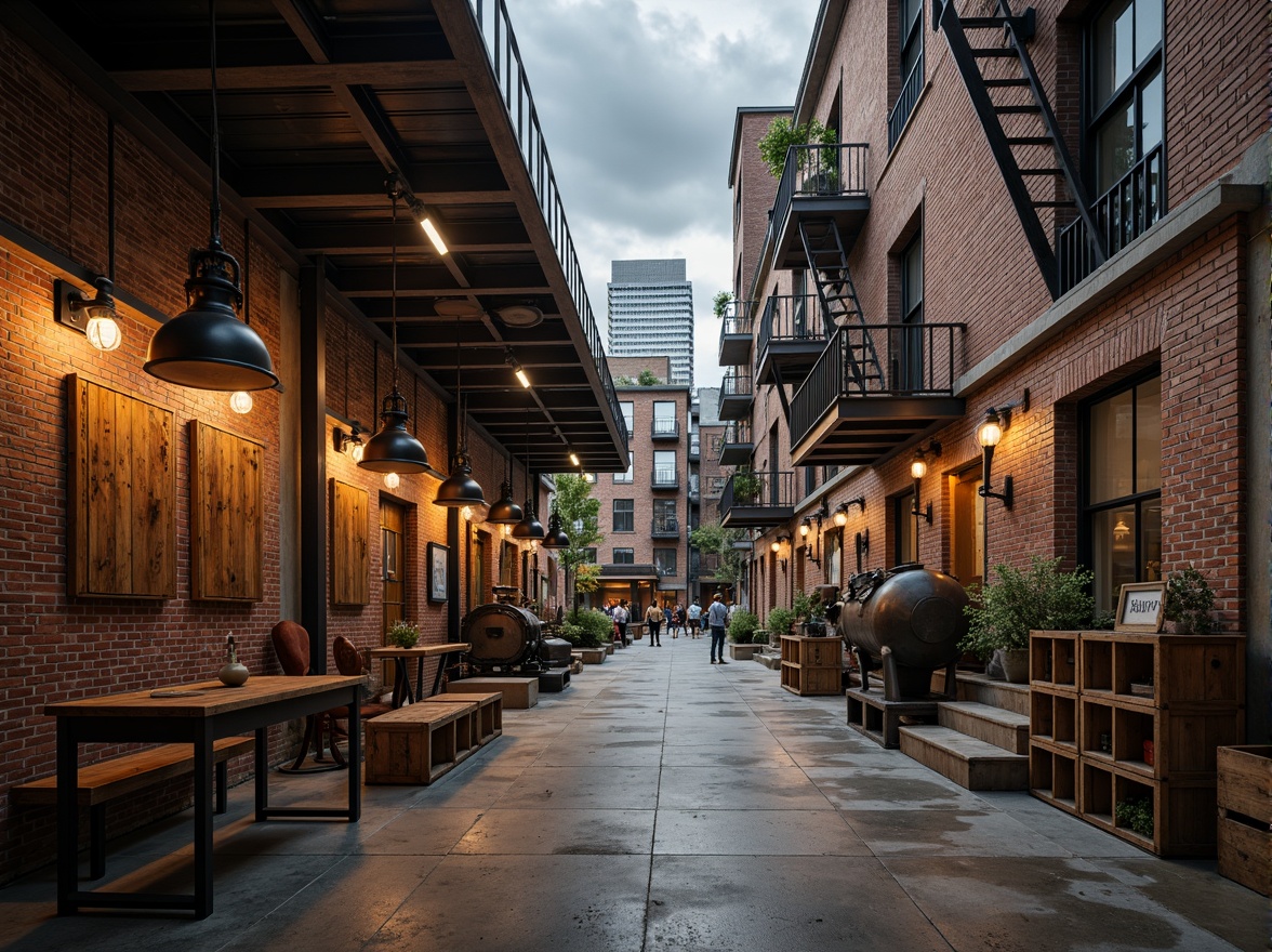 Prompt: Rustic industrial factory, exposed brick walls, metallic beams, reclaimed wood accents, distressed concrete floors, vintage machinery, urban cityscape, cloudy grey sky, warm soft lighting, shallow depth of field, 1/1 composition, realistic textures, ambient occlusion, worn wooden crates, old-fashioned lanterns, faded signage, eclectic mix of materials, post-industrial aesthetic, nostalgic atmosphere.