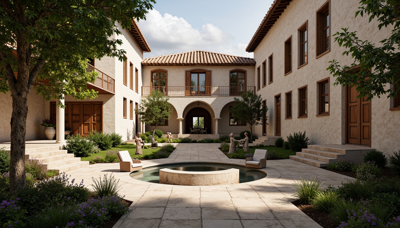 Prompt: Serene monastery courtyard, rustic stone walls, ornate wooden doors, tranquil water features, lush greenery, vibrant flowers, peaceful statues, intricate stonework, regional architectural elements, curved lines, earthy color palette, natural light filtering, warm ambient lighting, shallow depth of field, 3/4 composition, panoramic view, realistic textures, ambient occlusion.