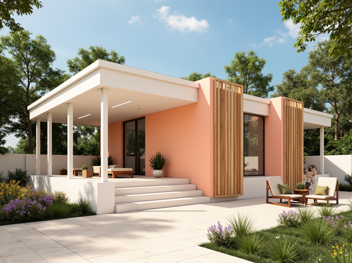 Prompt: Vibrant pavilion, sleek modernist architecture, bold color blocking, pastel hues, soft peach tones, creamy whites, rich wood accents, metallic silvers, glassy reflections, subtle gradient effects, natural stone textures, lush greenery surroundings, warm sunny day, soft diffused lighting, shallow depth of field, 1/1 composition, realistic renderings, ambient occlusion.