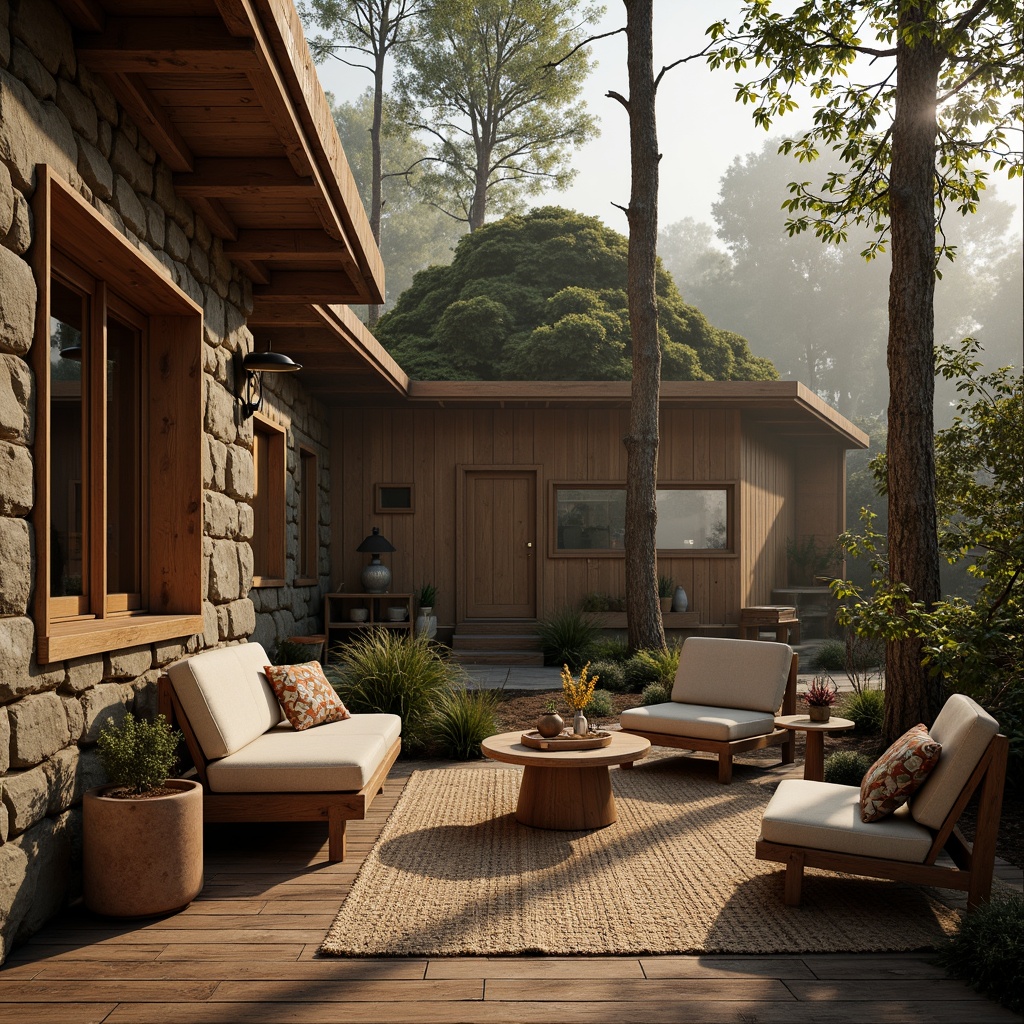 Prompt: Earthy cabin, wooden accents, natural stone walls, rustic brown furniture, woven textiles, earthy color palette, warm beige tones, soft sienna hues, moss-covered roofs, forest surroundings, misty morning, warm sunlight, shallow depth of field, 1/1 composition, realistic textures, ambient occlusion.