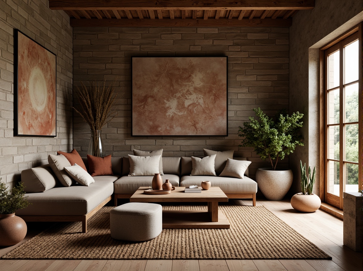 Prompt: Rough-hewn stone walls, distressed wood planks, smooth metallic surfaces, velvety soft upholstery, intricate woven textiles, natural fiber rugs, earthy terracotta pots, organic-shaped sculptures, warm ambient lighting, shallow depth of field, 1/1 composition, realistic material rendering, subtle normal mapping, detailed bump mapping.