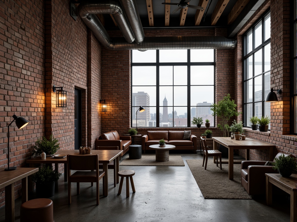 Prompt: Rustic industrial warehouse, exposed brick walls, metal beams, reclaimed wood accents, distressed concrete floors, vintage machinery, worn leather upholstery, metallic pipes, Edison bulb lighting, urban cityscape, cloudy grey sky, soft natural light, shallow depth of field, 2/3 composition, realistic textures, ambient occlusion.