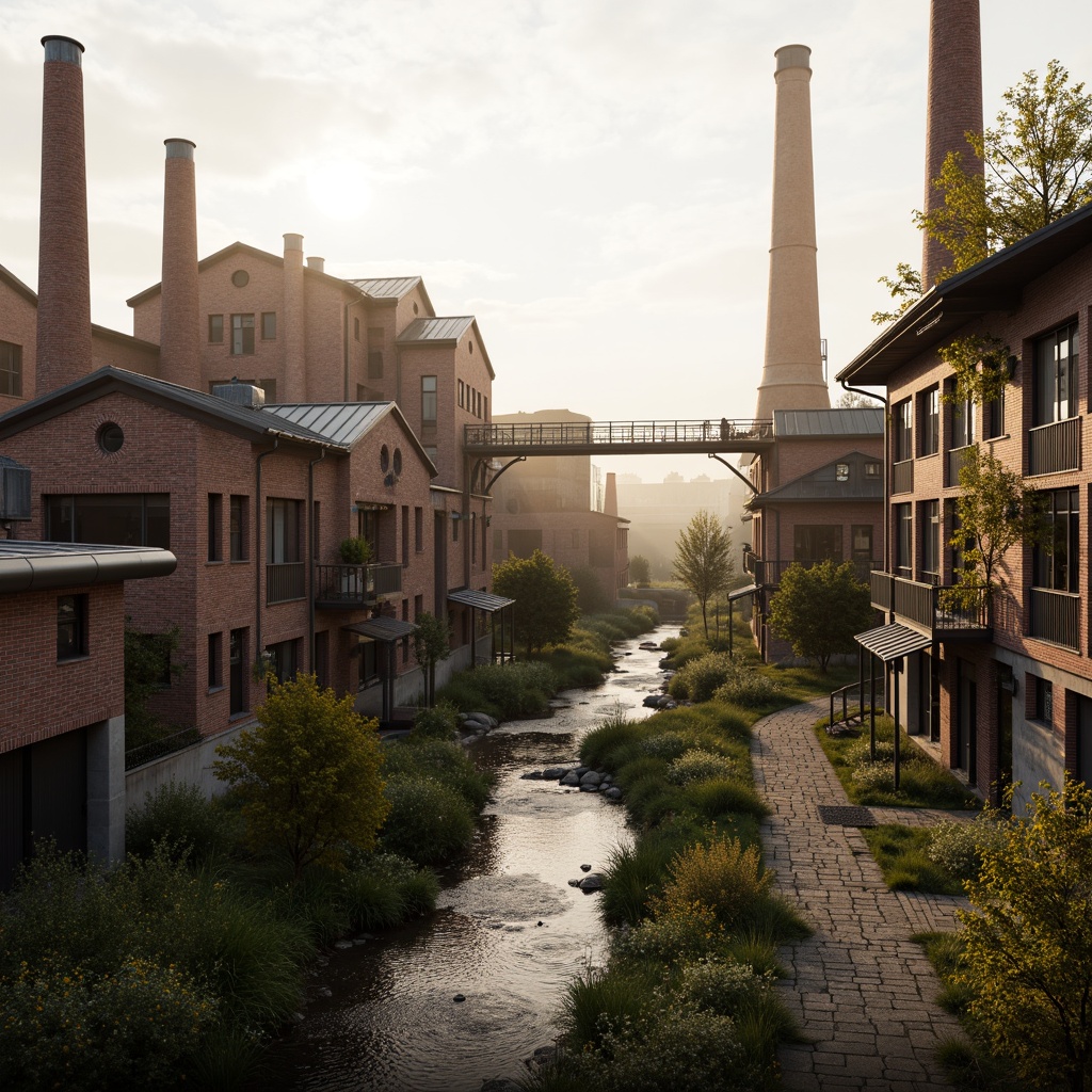 Prompt: Industrial factory complex, rustic brick buildings, corrugated metal roofs, worn concrete walls, vintage machinery, abandoned chimneys, overgrown vegetation, wildflowers, meandering streams, misty atmosphere, soft warm lighting, shallow depth of field, 3/4 composition, panoramic view, realistic textures, ambient occlusion, regionalism-inspired architecture, modern industrial design, functional spaces, exposed ductwork, metal catwalks, reclaimed wood accents, earthy color palette, natural stone pathways, weathered steel bridges.