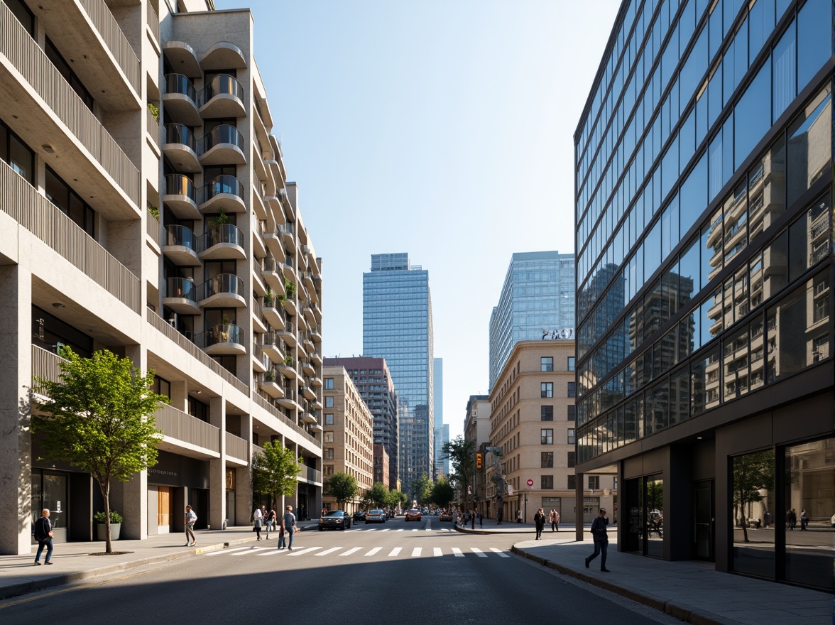 Prompt: Sleek modern buildings, curved lines, metallic surfaces, reflective glass facades, monochromatic color scheme, neutral tones, creamy whites, dark grays, bold accents, vibrant blues, warm beige, industrial materials, urban cityscape, busy streets, morning sunlight, soft shadows, 1/1 composition, symmetrical framing, high contrast lighting, realistic reflections.