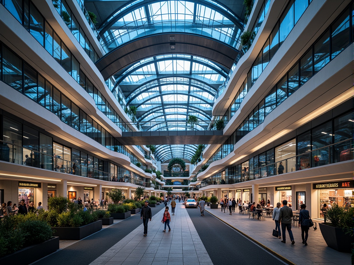 Prompt: Futuristic transportation hub, curved metallic structures, dynamic LED lighting, sleek glass fa\u00e7ades, angular steel beams, cantilevered roofs, elevated walkways, bustling pedestrian zones, vibrant urban landscapes, morning rush hour atmosphere, soft natural light, shallow depth of field, 1/2 composition, panoramic view, realistic reflections, ambient occlusion, intricate network patterns, high-tech materials, sustainable energy systems, green roofs, innovative ventilation technologies.