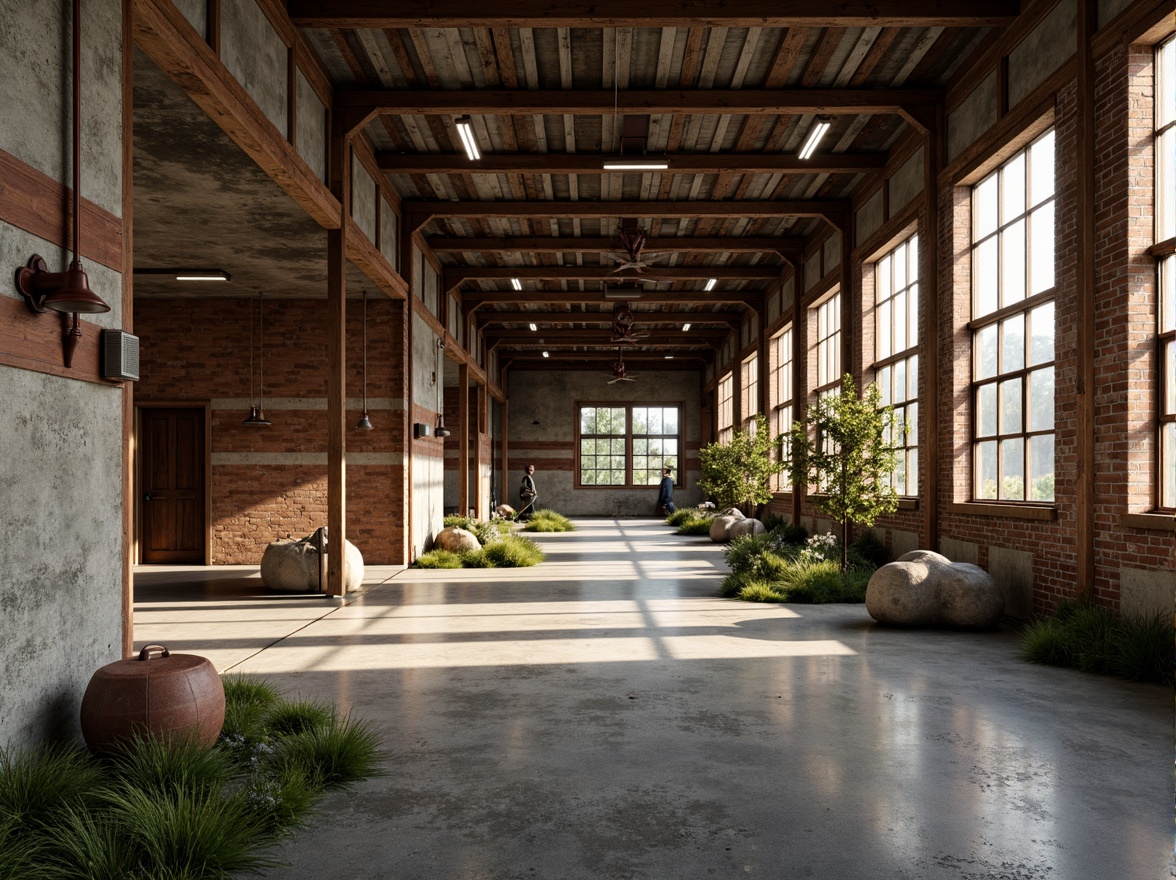 Prompt: Rustic industrial landscape, abandoned factories, worn brick walls, distressed metal roofs, reclaimed wood accents, earthy tones, natural textures, regional materials, local craftsmanship, exposed ductwork, concrete floors, steel beams, functional minimalism, industrial chic aesthetic, warm soft lighting, shallow depth of field, 1/1 composition, realistic renderings, ambient occlusion.